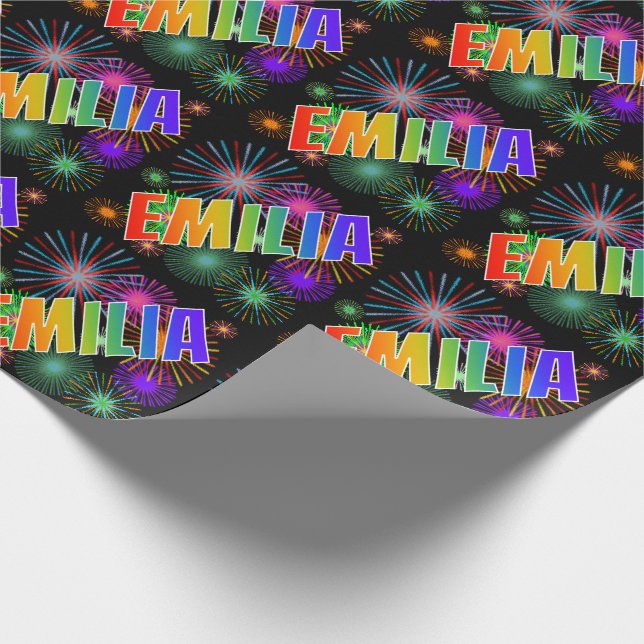 Papier Cadeau Prénom arc-en-ciel "EMILIA" + Feux d'artifice (Coin)