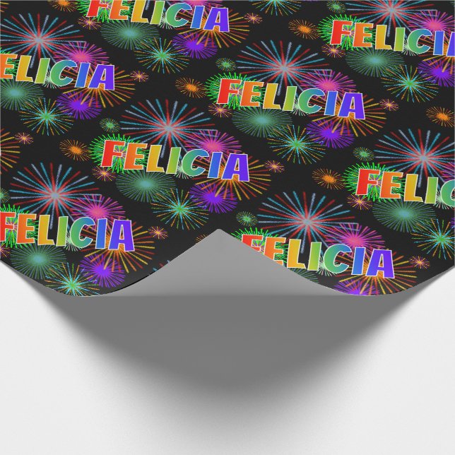 Papier Cadeau Prénom arc-en-ciel "FELICIA" + feux d'artifice (Coin)