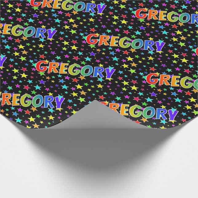 Papier Cadeau Prénom arc-en-ciel "GREGORY" + Étoiles (Coin)