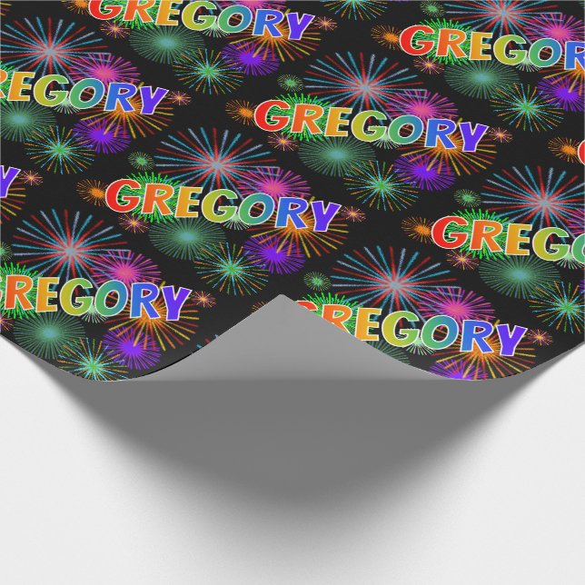 Papier Cadeau Prénom arc-en-ciel "GREGORY" + Feux d'artifice (Coin)