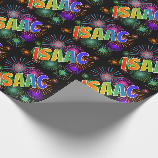 Papier Cadeau Prénom arc-en-ciel "ISAAC" + feux d'artifice (Coin)