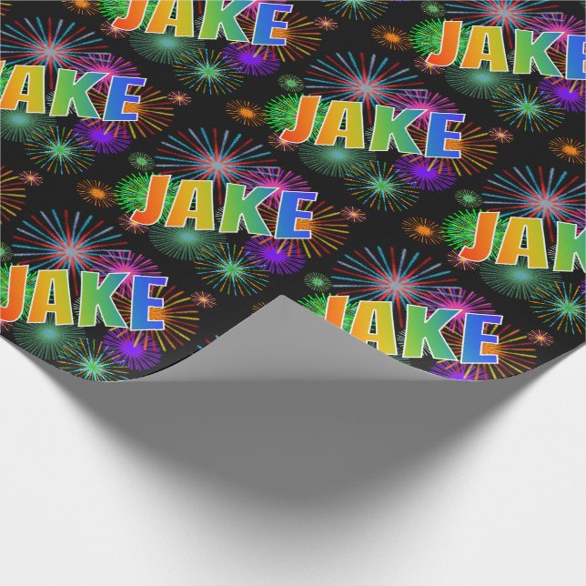 Papier Cadeau Prénom arc-en-ciel "JAKE" + Feux d'artifice (Coin)