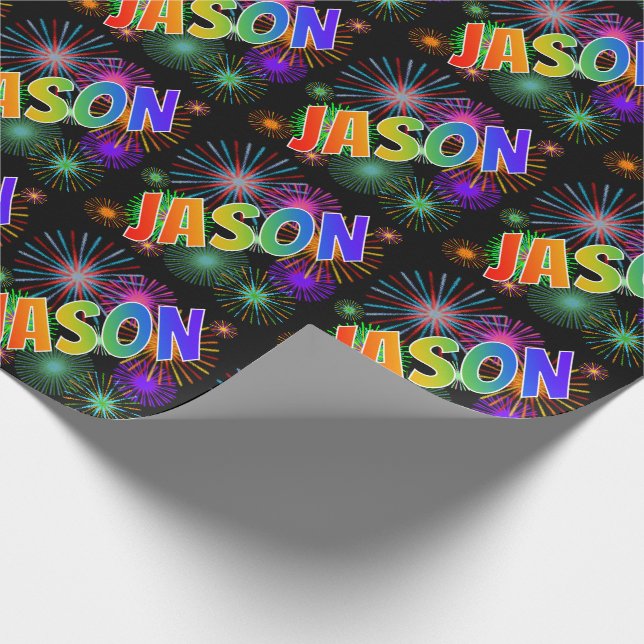 Papier Cadeau Prénom arc-en-ciel "JASON" + Feu d'artifice (Coin)