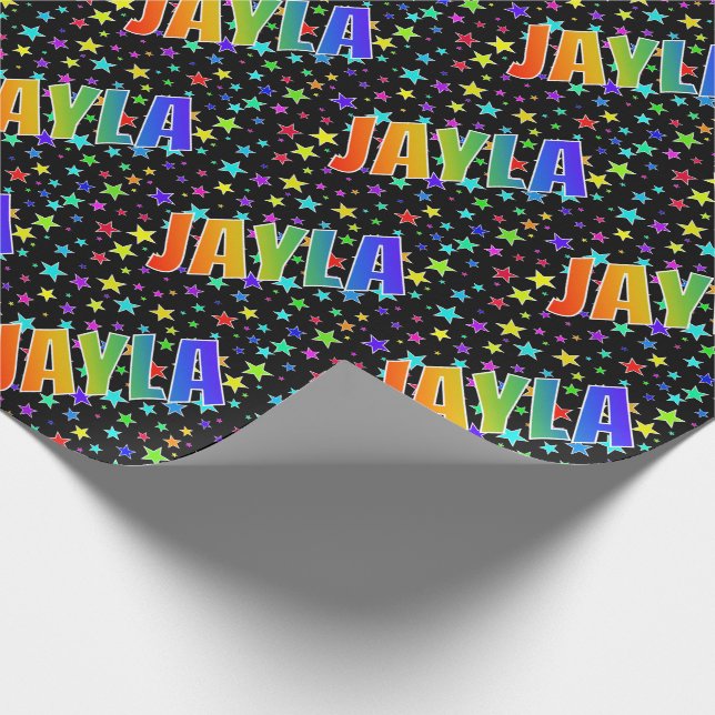 Papier Cadeau Prénom arc-en-ciel "JAYLA" + Étoiles (Coin)