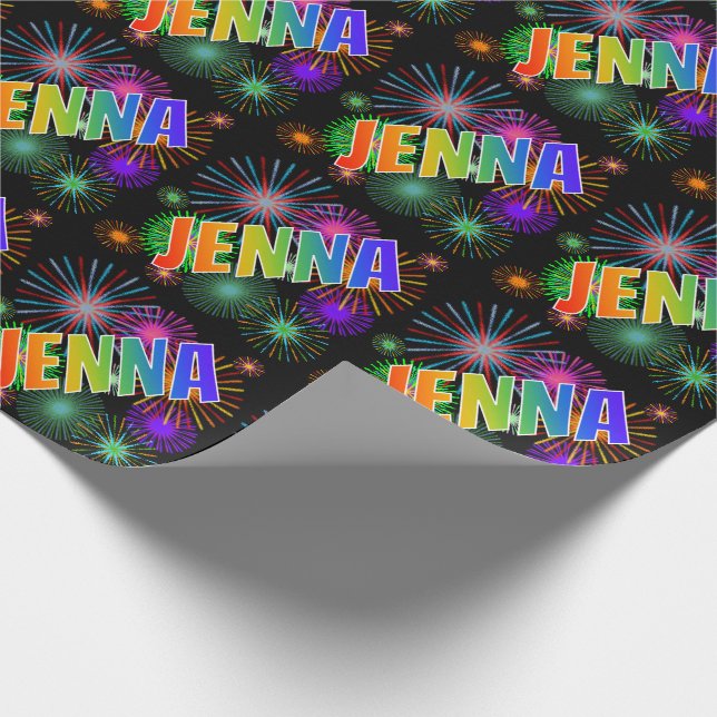 Papier Cadeau Prénom arc-en-ciel "JENNA" + feux d'artifice (Coin)