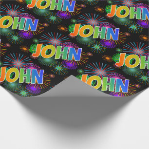Papier Cadeau Prénom arc-en-ciel "JOHN" + Feux d'artifice