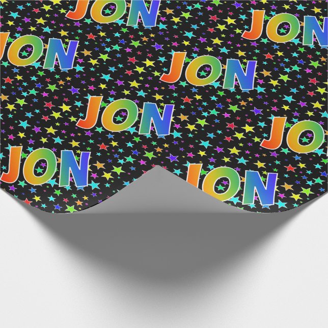 Papier Cadeau Prénom arc-en-ciel "JON" + Étoiles (Coin)