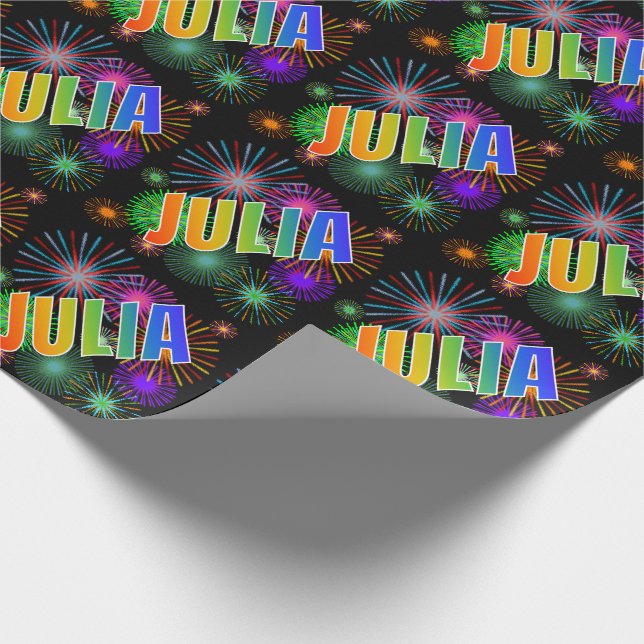 Papier Cadeau Prénom arc-en-ciel "JULIA" + Feu d'artifice (Coin)