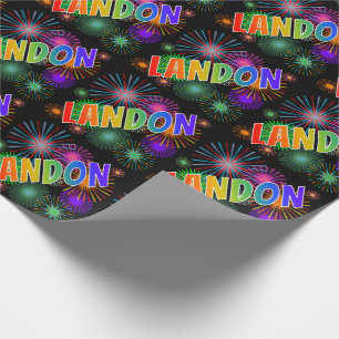 Papier Cadeau Prénom arc-en-ciel "LANDON" + feux d'artifice