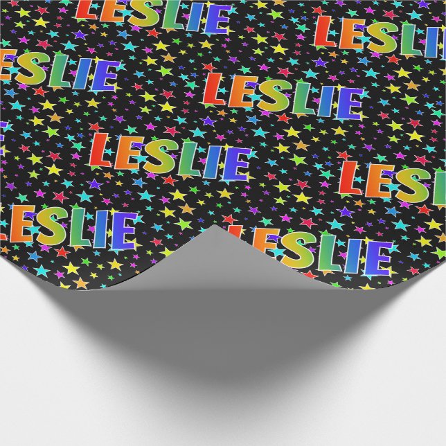 Papier Cadeau Prénom arc-en-ciel "LESLIE" + Étoiles (Coin)