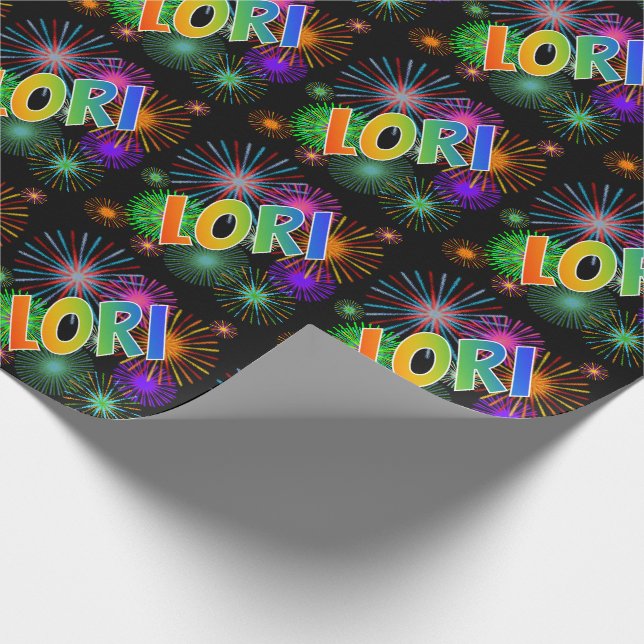 Papier Cadeau Prénom arc-en-ciel "LORI" + Feu d'artifice (Coin)