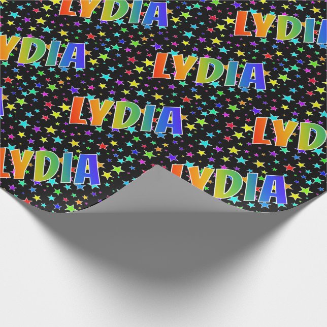 Papier Cadeau Prénom arc-en-ciel "LYDIA" + Stars (Coin)