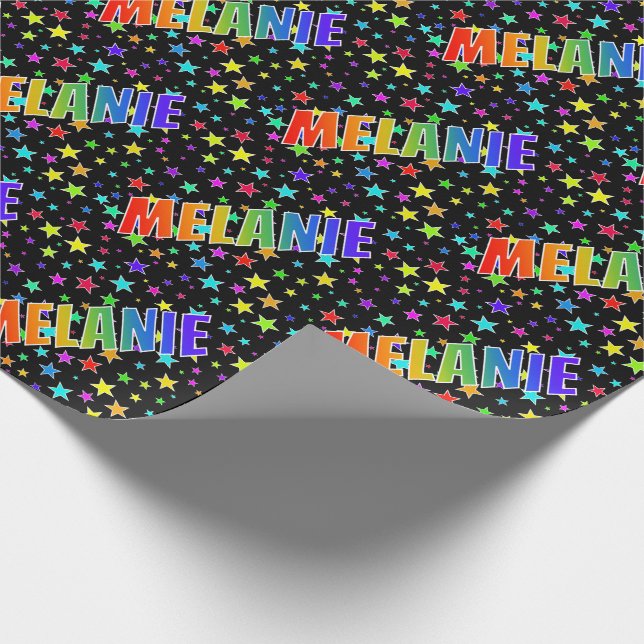 Papier Cadeau Prénom arc-en-ciel "MELANIE" + Étoiles (Coin)