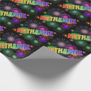 Papier Cadeau Prénom arc-en-ciel "NATHANIEL" + Feux d'artifice