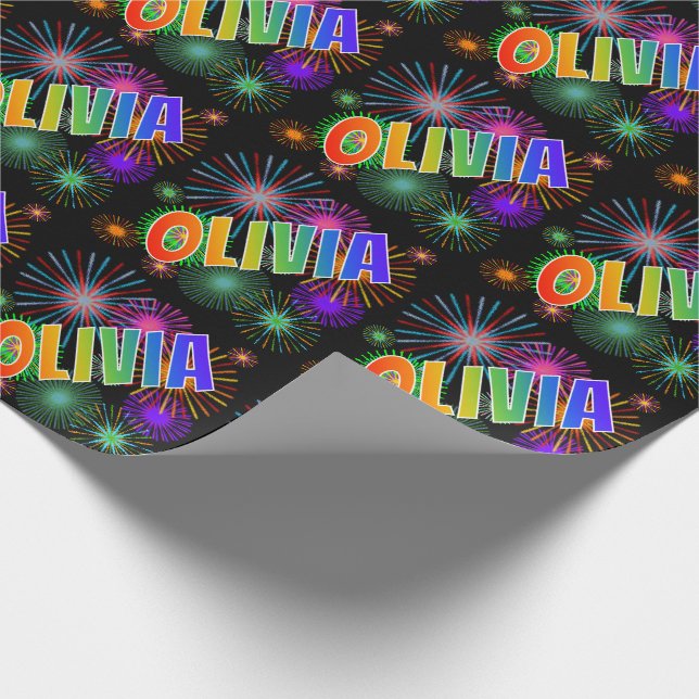 Papier Cadeau Prénom arc-en-ciel "OLIVIA" + Feu d'artifice (Coin)