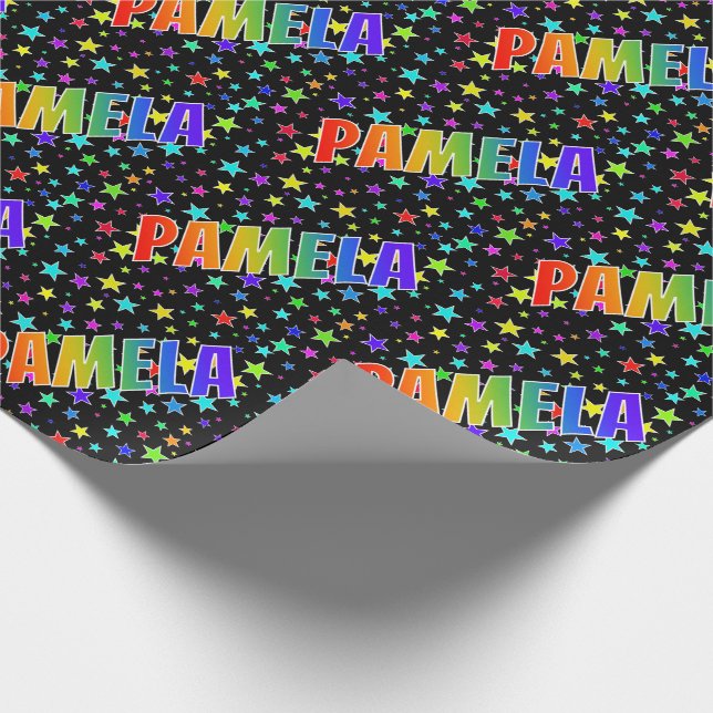 Papier Cadeau Prénom arc-en-ciel "PAMELA" + Etoiles (Coin)