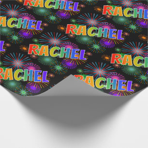 Papier Cadeau Prénom arc-en-ciel "RACHEL" + feux d'artifice