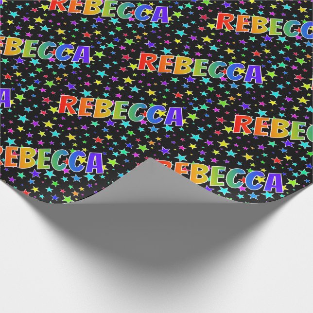 Papier Cadeau Prénom Arc-en-ciel "REBECCA" + Étoiles (Coin)