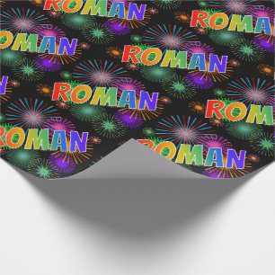 Papier Cadeau Prénom arc-en-ciel "ROMAN" + feux d'artifice