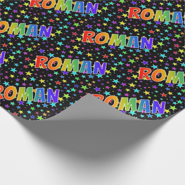 Papier Cadeau Prénom arc-en-ciel "ROMAN" + Stars (Coin)