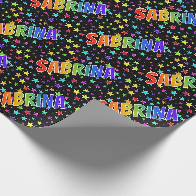 Papier Cadeau Prénom arc-en-ciel "SABRINA" + Étoiles (Coin)