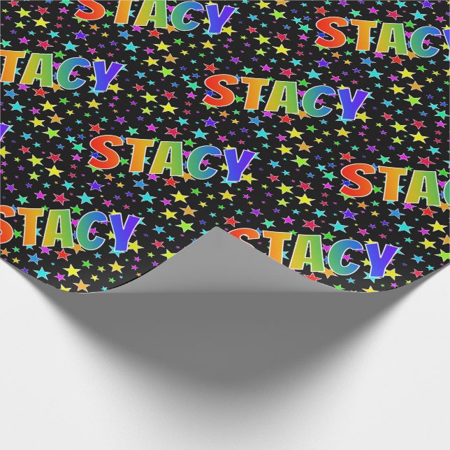 Papier Cadeau Prénom arc-en-ciel "STACY" + Étoiles (Coin)