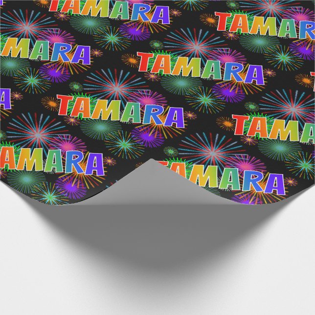 Papier Cadeau Prénom arc-en-ciel "TAMARA" + Feux d'artifice (Coin)