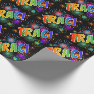 Papier Cadeau Prénom arc-en-ciel "TRACI" + feux d'artifice