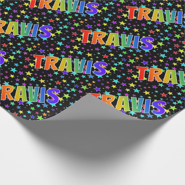 Papier Cadeau Prénom arc-en-ciel "TRAVIS" + Étoiles (Coin)