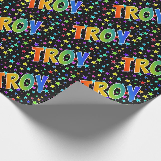 Papier Cadeau Prénom arc-en-ciel "TROY" + étoiles (Coin)
