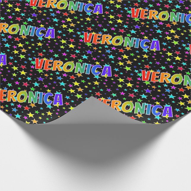 Papier Cadeau Prénom arc-en-ciel "VERONICA" + Étoiles (Coin)
