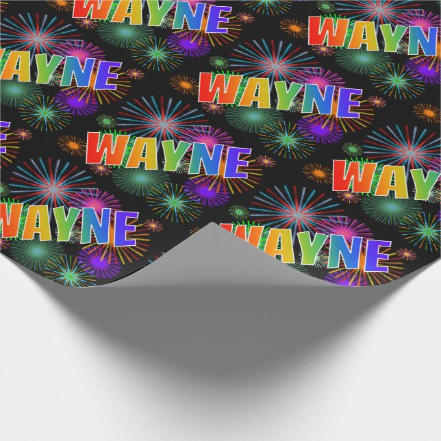 Papier Cadeau Prénom arc-en-ciel "WAYNE" + Feux d'artifice (Coin)