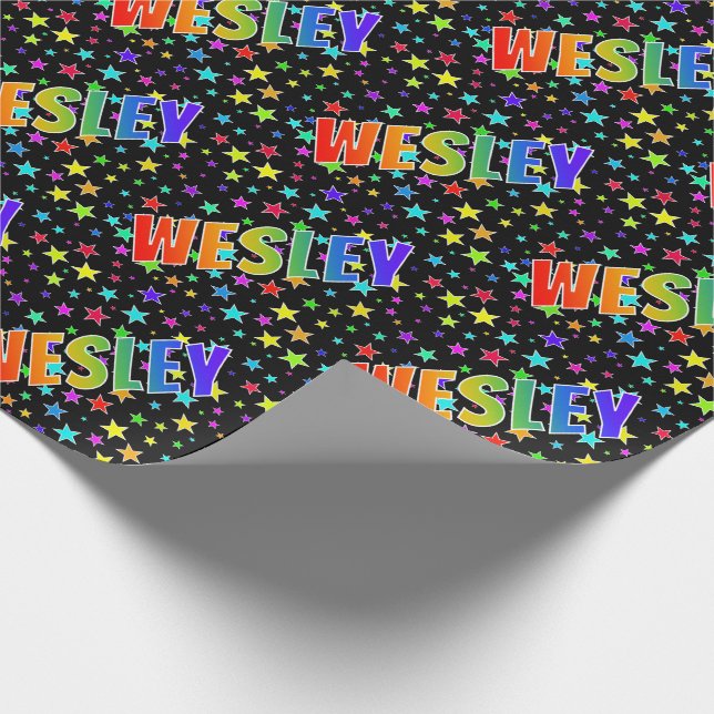 Papier Cadeau Prénom arc-en-ciel "WESLEY" + Étoiles (Coin)