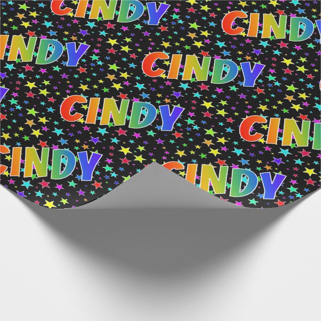 Papier Cadeau Prénom "CINDY" d'arc-en-ciel + Étoiles (Coin)