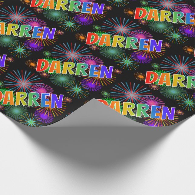 Papier Cadeau Prénom "DARREN" d'arc-en-ciel + Feux d'artifice (Coin)