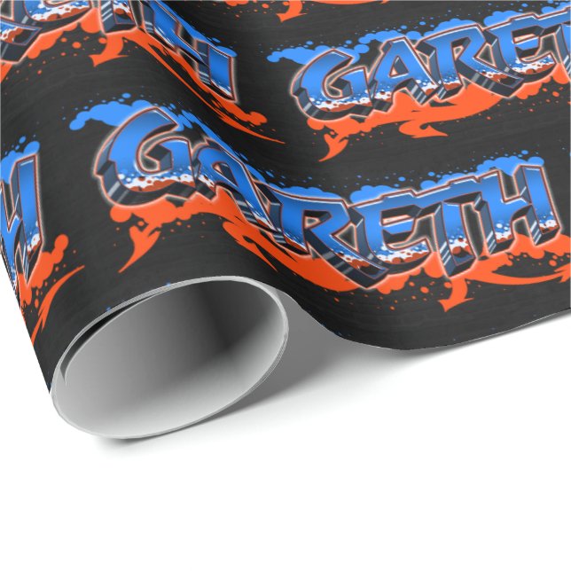 Papier Cadeau Prénom de Gareth Graffiti blue orange (Coin rond)