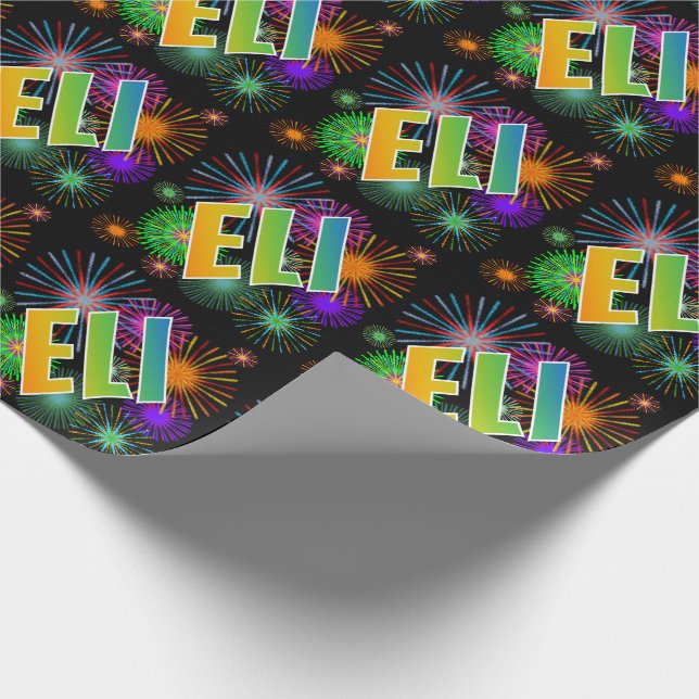 Papier Cadeau Prénom "ELI" d'arc-en-ciel + Feux d'artifice (Coin)