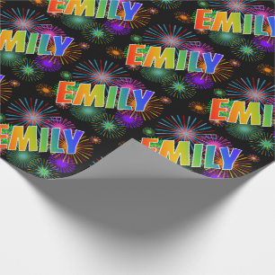 Papier Cadeau Prénom "EMILY" d'arc-en-ciel + Feux d'artifice