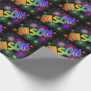Papier Cadeau Prénom "JASON" d'arc-en-ciel + Feux d'artifice