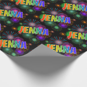 Papier Cadeau Prénom "JENNA" d'arc-en-ciel + Feux d'artifice