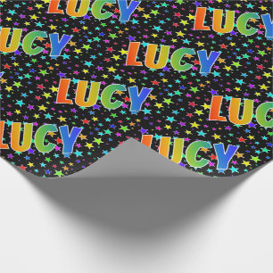Papier Cadeau Prénom "LUCY" d'arc-en-ciel + Étoiles