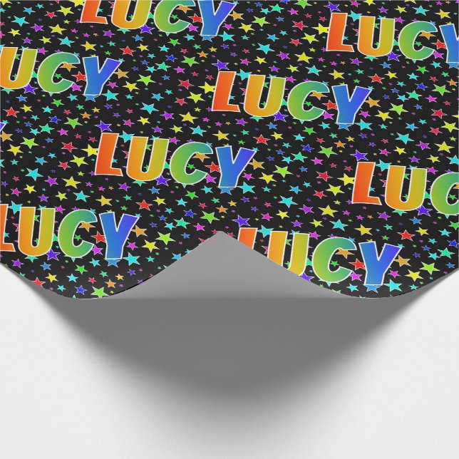 Papier Cadeau Prénom "LUCY" d'arc-en-ciel + Étoiles (Coin)