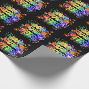 Papier Cadeau Prénom "PETER", Fun "HEUREUX ANNIVERSAIRE"