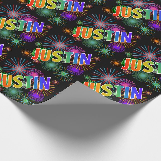 Papier Cadeau Prénom Rainbow "JUSTIN" + Fireworks (Coin)