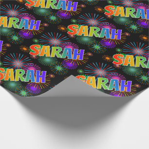 Papier Cadeau Prénom "SARAH" d'arc-en-ciel + Feux d'artifice