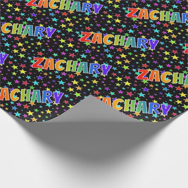 Papier Cadeau Prénom "ZACHARY" d'arc-en-ciel + Étoiles (Coin)
