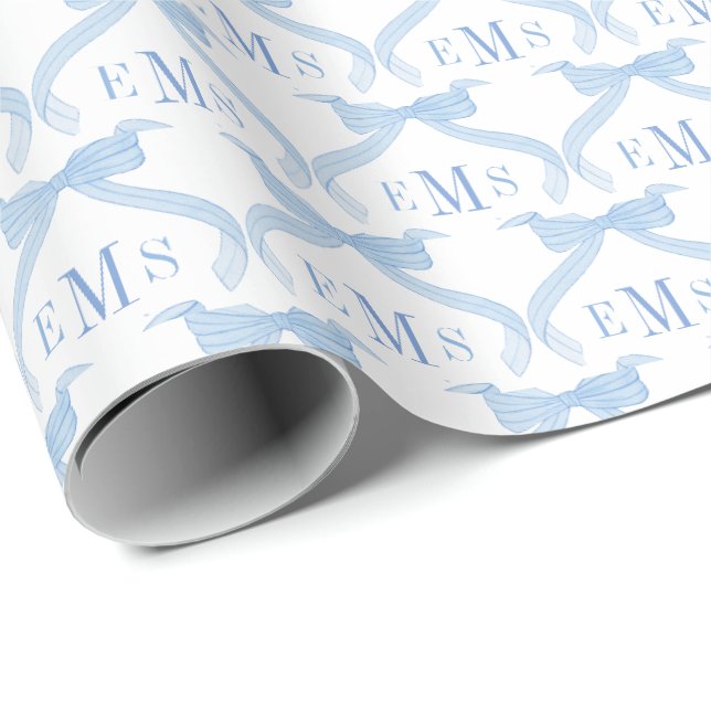 Papier Cadeau Préparatifs Monogramme Bleu Nœuds Bébé Garçon  (Coin rond)