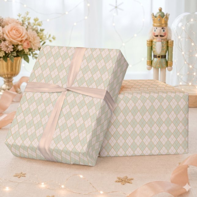 Papier Cadeau Préparation Argyle Pêche Menthe Noël Fête  (Preppy Argyle Peach Mint Christmas Holiday Wrapping Paper)
