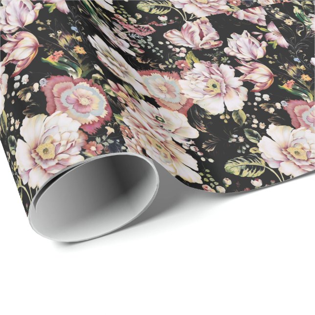 Papier Cadeau Preppy bohème pays girly chic noir floral (Coin rond)