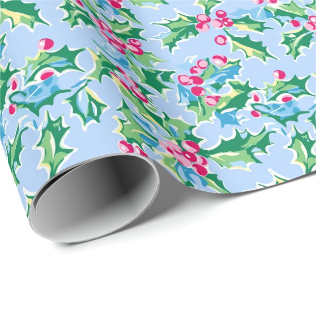 Papier Cadeau Preppy Palm Beach Christmas Holly (Coin rond)